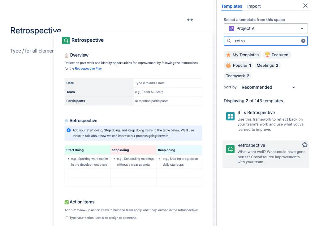 retrospective in Confluence