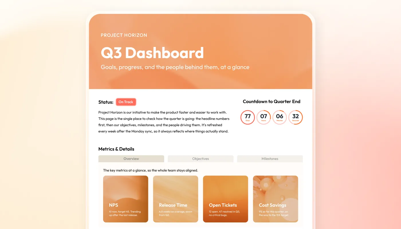 Confluence page built with Aura Formatting, showing a banner, a status lozenge, a countdown, tabbed sections, and image cards