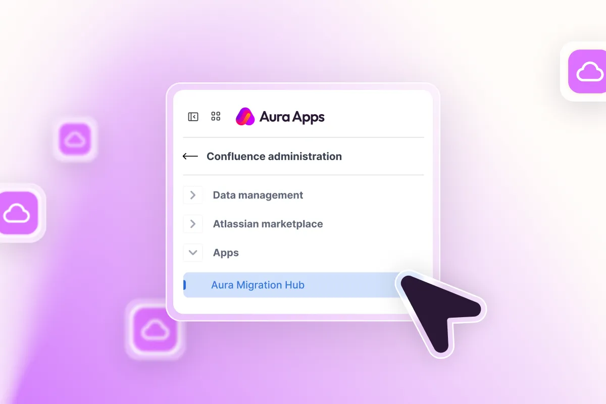 Confluence administration navigation showing the Aura Migration Hub entry point