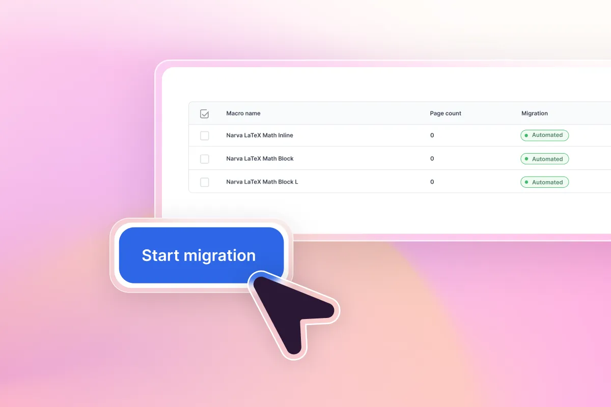 Cursor on the Start Migration button in the Aura Migration Hub for the Narva LaTeX Math migration