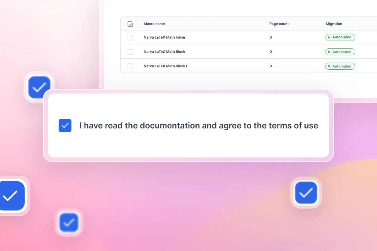Aura Migration Hub terms of use confirmation checkbox before starting the Narva LaTeX Math migration