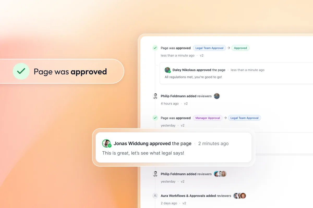 Aura Workflow audit trail with timestamped approval steps and reviewer comments