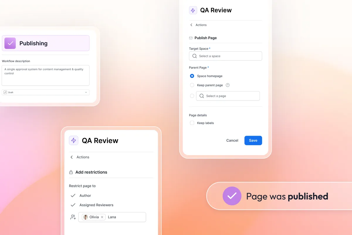 QA Review workflow configuration in Aura Workflow & Approval with publish settings and reviewer restrictions