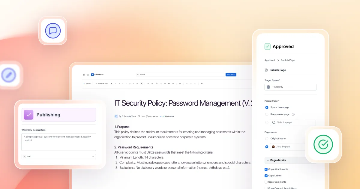 Publish page action in Aura Workflow showing target space and publishing options