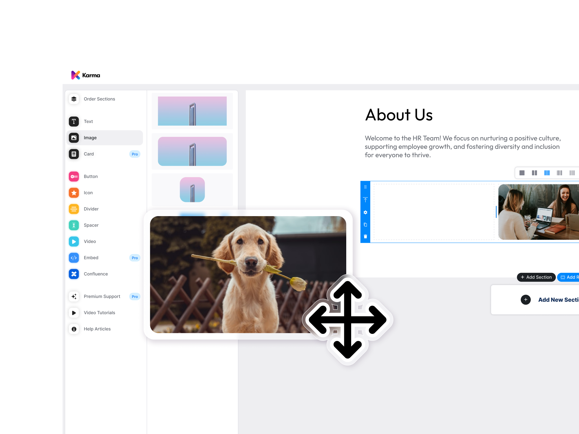 Drag sections onto any page