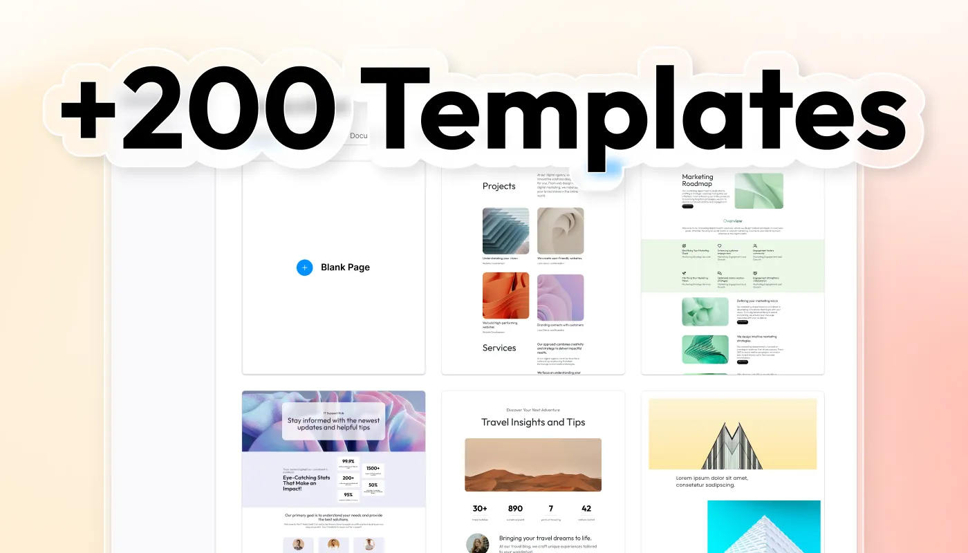 Karma template gallery in Confluence with a "+200 templates" callout over a grid of ready-made page templates