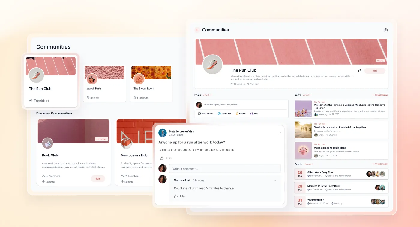 Mantra Communities with a community overview, a single community page, and employees commenting on a post