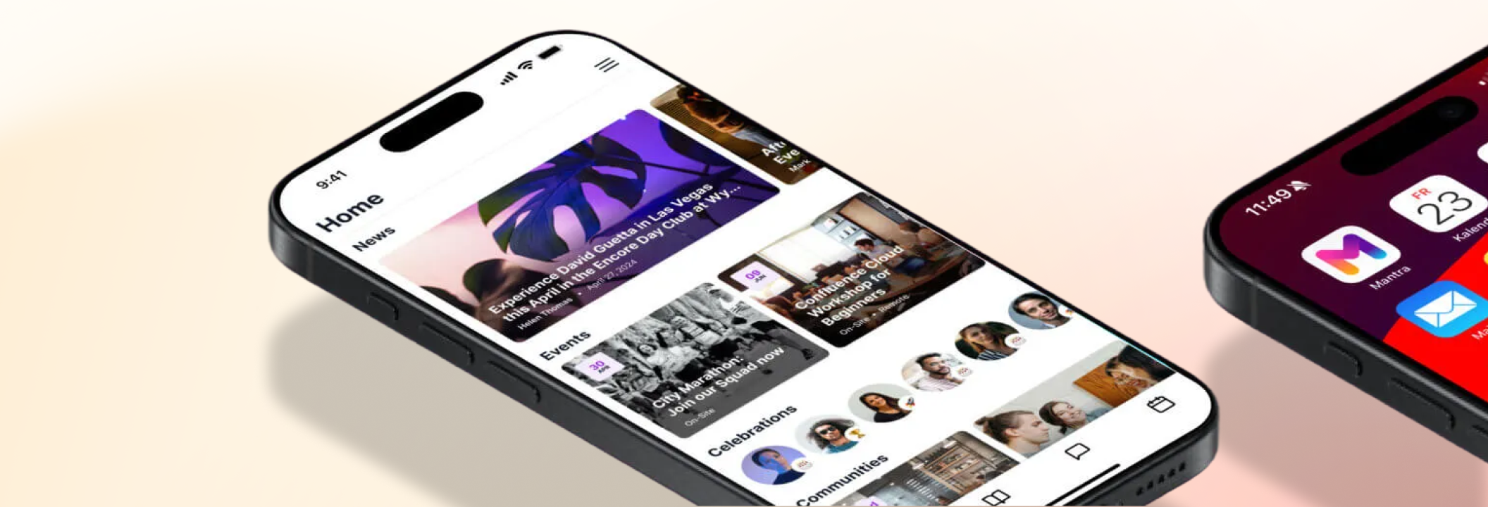 The Mantra employee app on mobile, showing news, events, and posts