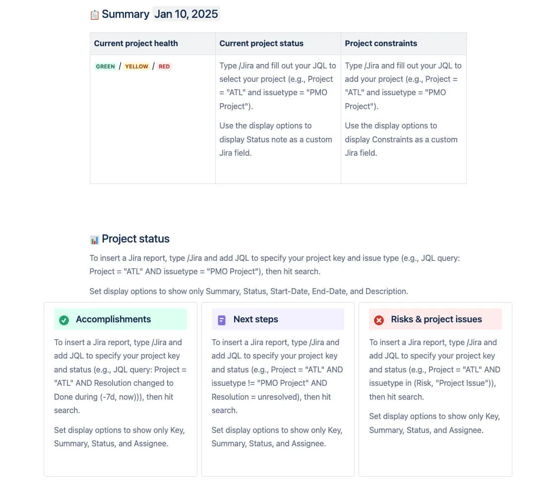 project status template