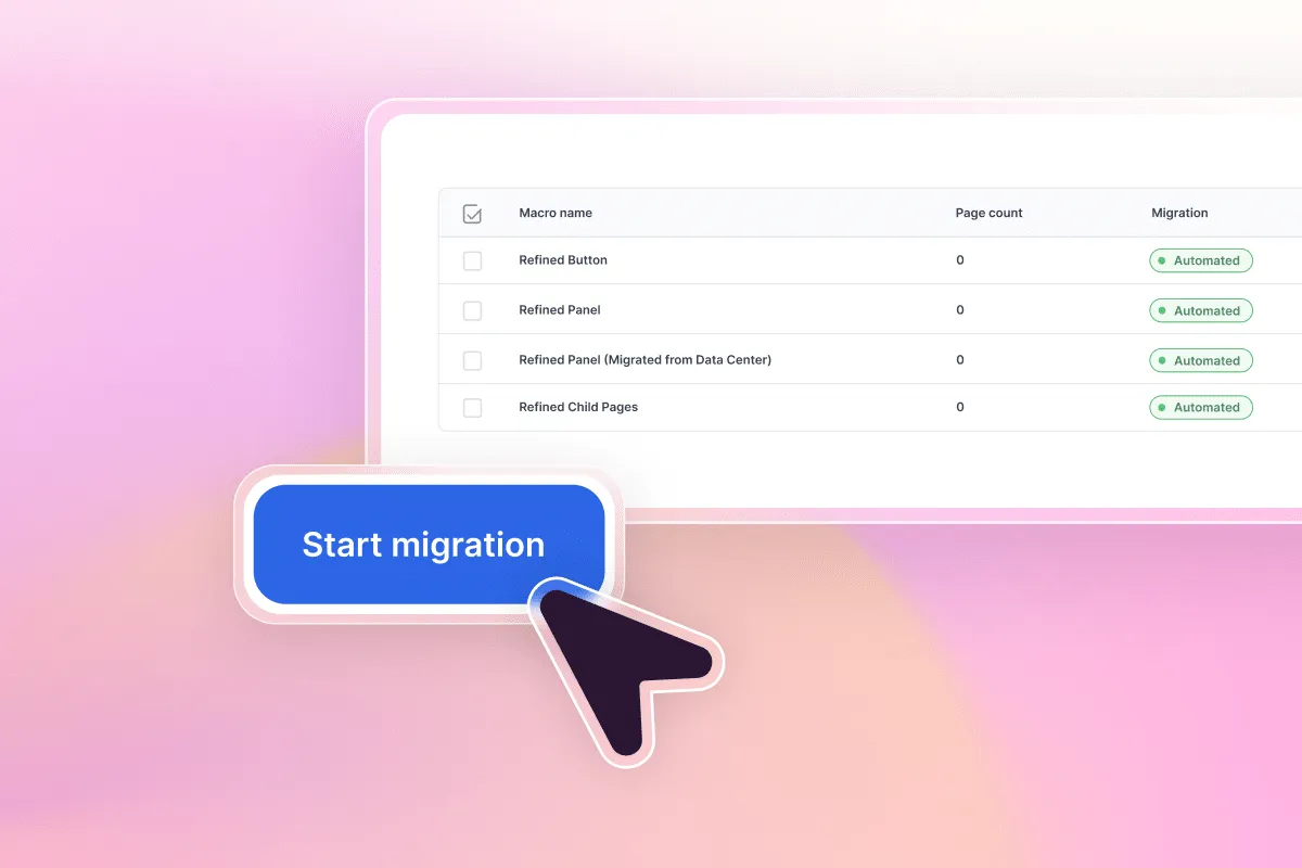 Cursor clicking the blue Start Migration button in the Aura Migration Hub below the macro table