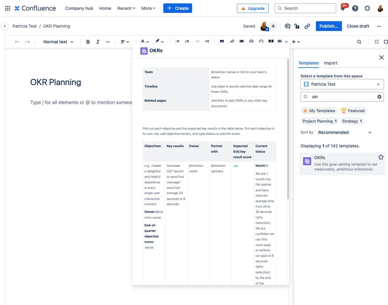 select okr planning template in Confluence