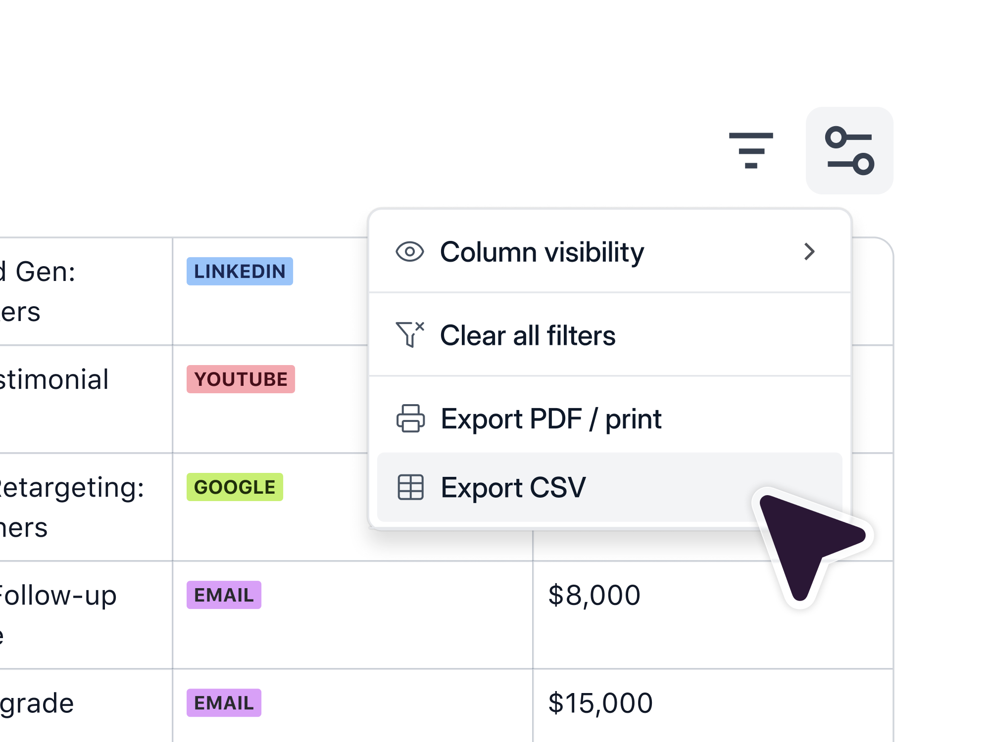 Export filtered data directly